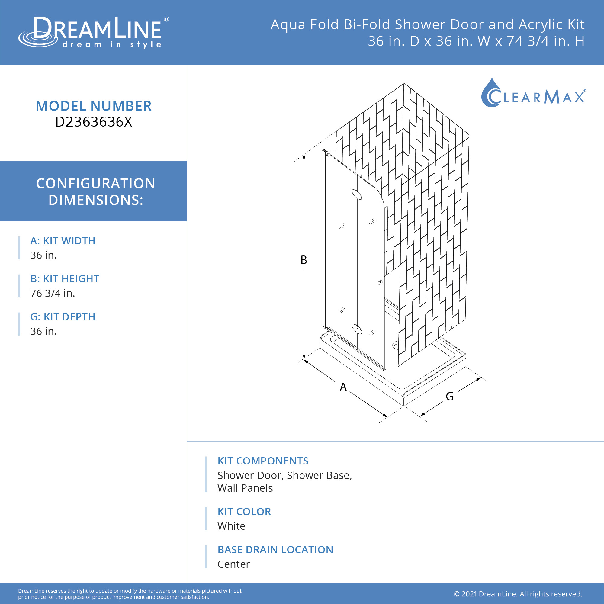 DreamLine SHDR-3634720-01 Aqua Fold 33-1/2 Shower Door